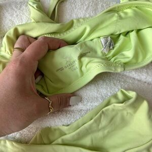 Arie off-line bikini top and bottom. Crossover bottoms. Light green.